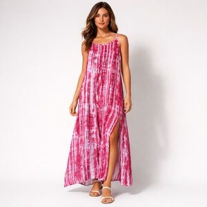 LUNGO L’ARNO Linen Maxi Dress Pink Tie Dye Boho Sleeveless Resort Dress